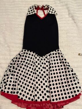 Adult small figure skating/ dance dress Black/White Polka Dot Halter Red Trim
